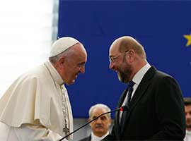 Pope Francis talks with Martin Schulz, president of the European Parliament, at the European Parliament in Strasbourg, France, in November 2014. CNS photo/Paul Haring