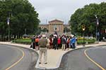 Representatives of the media gather at a spot along the Benjamin Franklin Parkway in a preview tour of sites that Pope Francis will visit in Philadelphia.  CNS Photo/Bob Roller