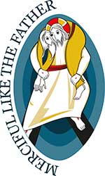 The official Vatican logo for the Jubilee of Mercy features Jesus as the Good Shepherd carrying a man on his back as he would a lost sheep.