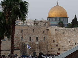 An overview shows the Western Wall, right, with the gold-covered Dome of the Rock in the background of the Old City of Jerusalem Sept. 24. The Dome of the Rock, an Islamic shrine, holds significance to Muslims, Jews and Christians. CNS photo/Paul Haring