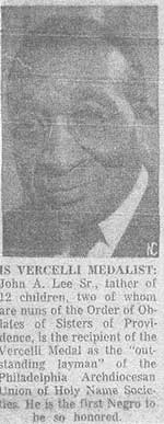 Newspaper clipping about the 1955 Vercelli Award winner, John A. Lee Sr. Story by CNS predecessor.