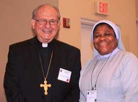 
Most Rev. Rutilio del Riego, Chairman, Subcommittee on Pastoral Care of Migrants, Refugees and Travelers (PCMRT) with Sr. Joanna Okereke.

