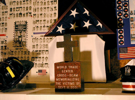 A cross made from a steel beam of the World Trade Center is the centerpiece of a 9/11 memorial at Our Lady of Sorrows Church in Kearney, N.J. CNS photo/Bob Roller.