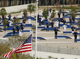 Flag flies at half-staff during 2008 memorial dedication at Pentagon on the anniversary of the 9/11 terrorist attaches. CNS photo/Paul Haring.