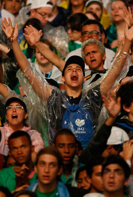 Pilgrims cheer during the opening ceremony of World Youth Day in Rio de Janeiro. (CNS photo/Paul Haring)