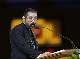 Bishop Daniel Flores of Brownsville, Texas,, speaks during eucharistic adoration at the "Convocation of Catholic Leaders: The Joy of the Gospel in America" July 2 in Orlando, Fla. (CNS photo/Bob Roller)