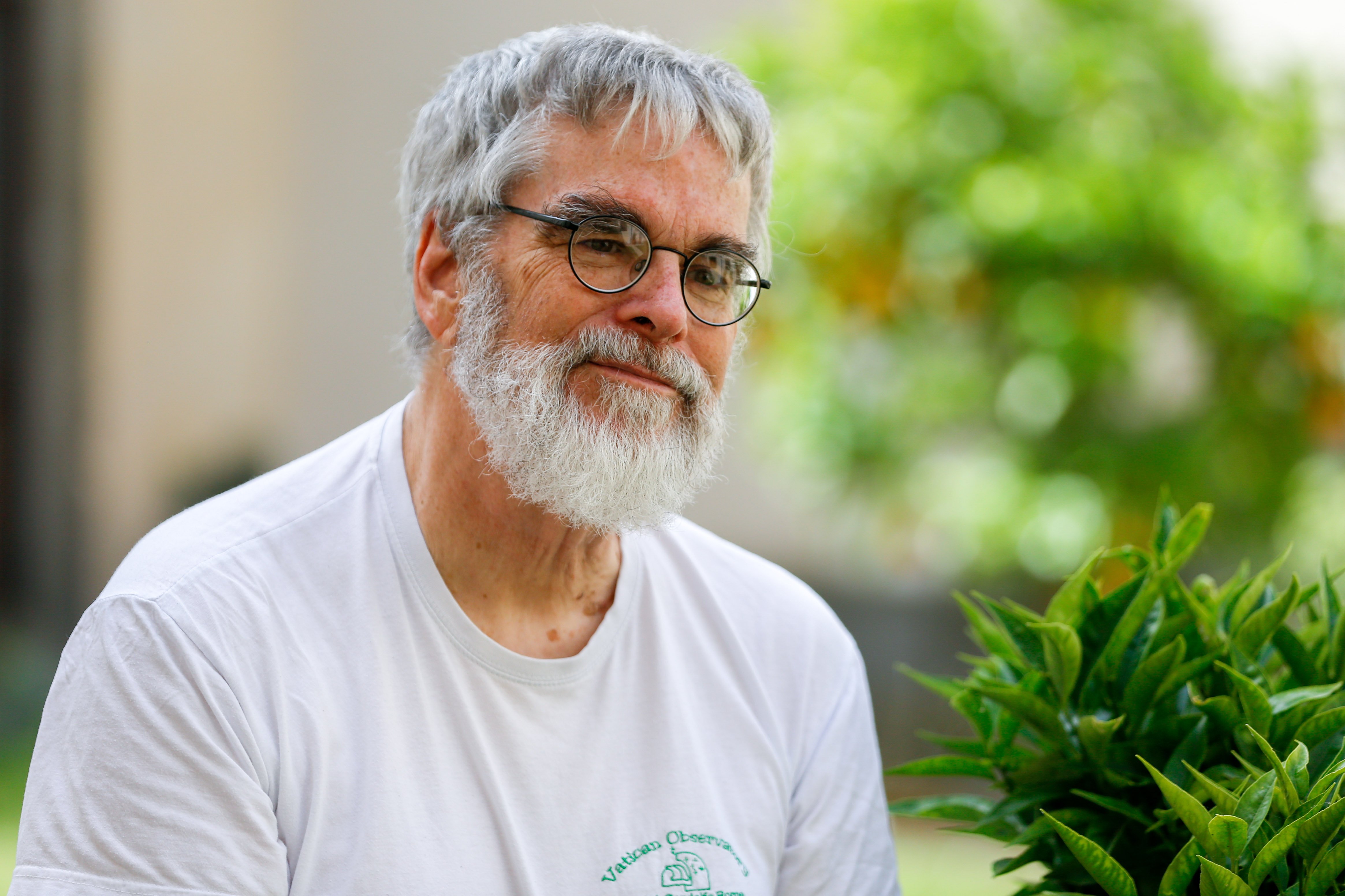Brother Guy Consolmagno in the garden of the Vatican Observatory