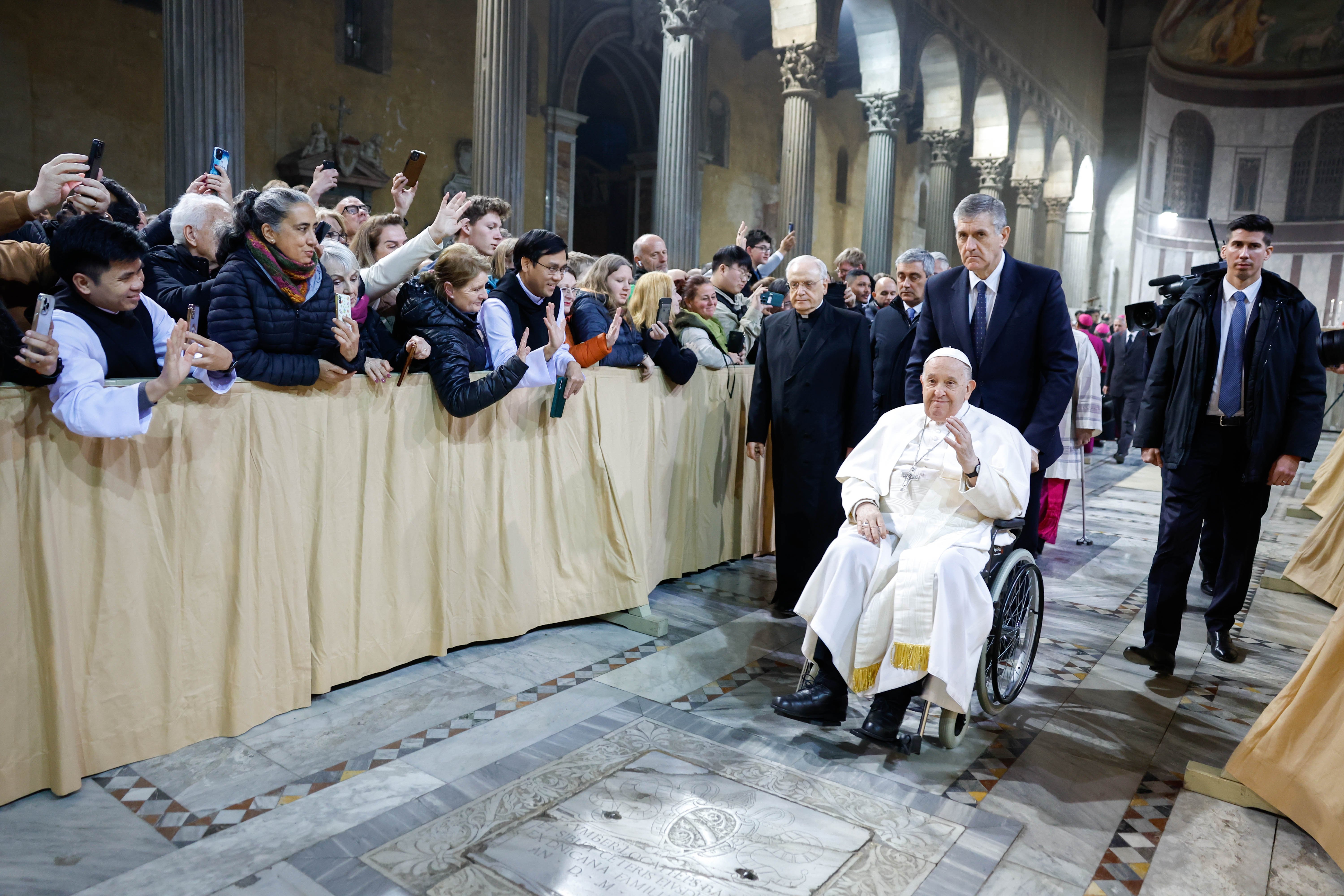 Pope Francis greets visitors. 