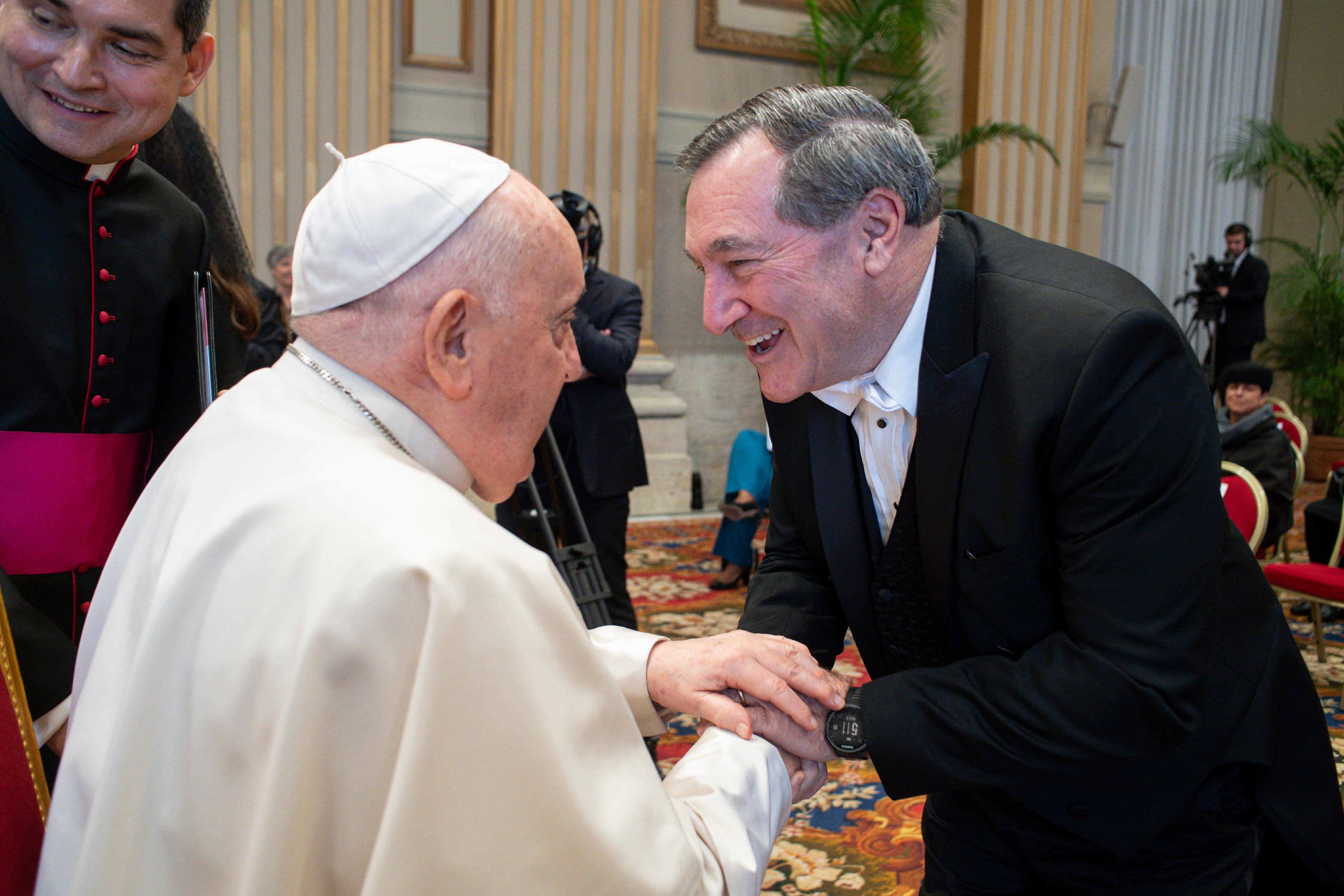 Pope Francis greets Joe Donnelly, U.S. ambassador to the Holy See.