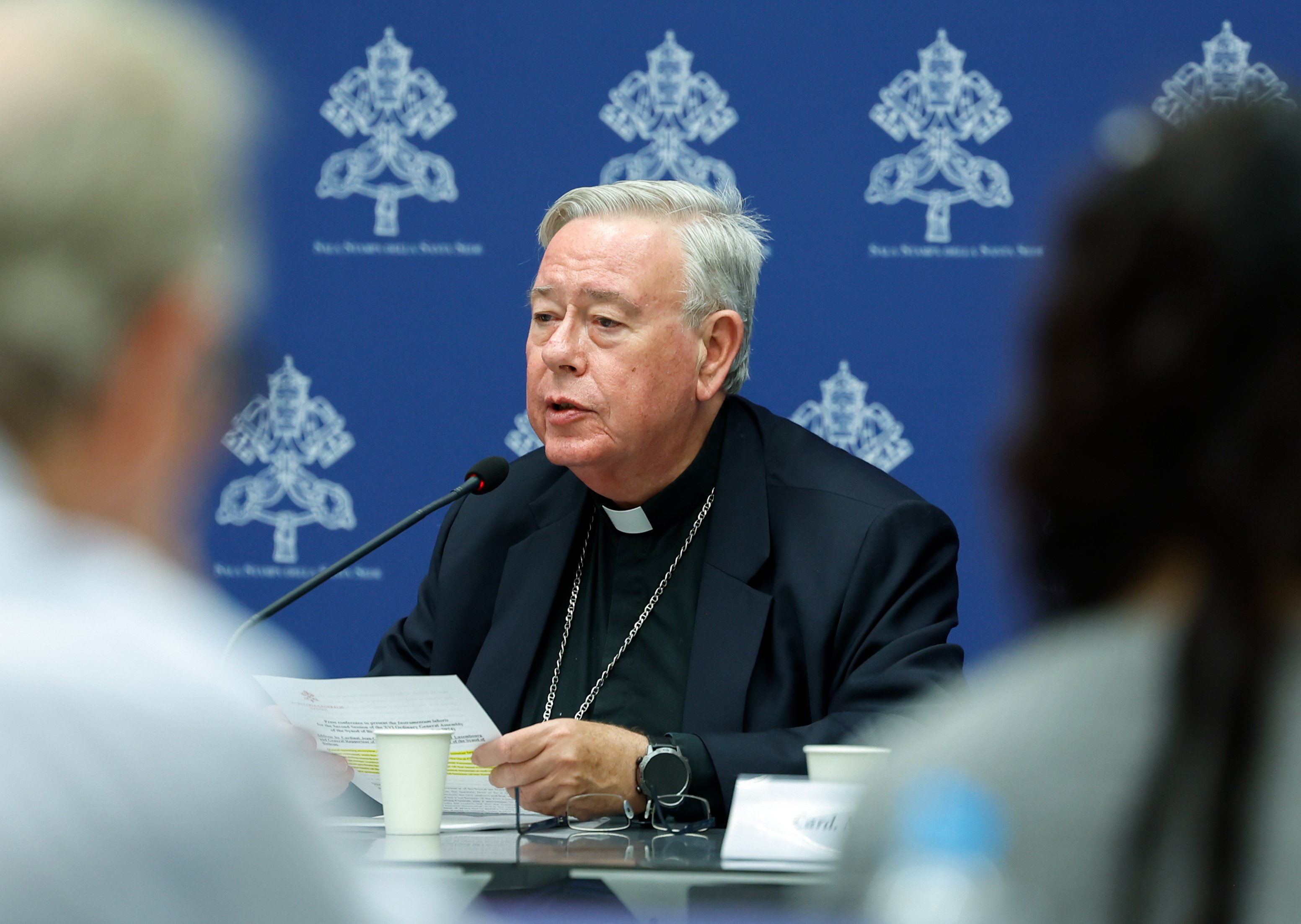 Cardinal Jean-Claude Hollerich, relator general of the synod, speaks during a news conference at the Vatican.