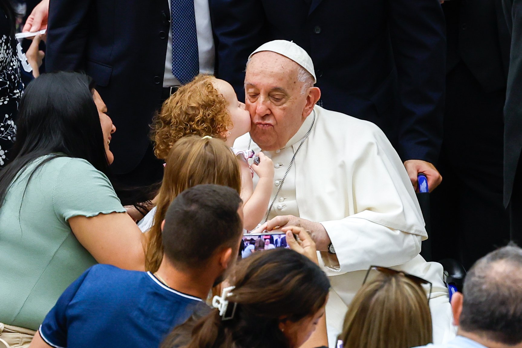 Pope Francis greets visitors. 