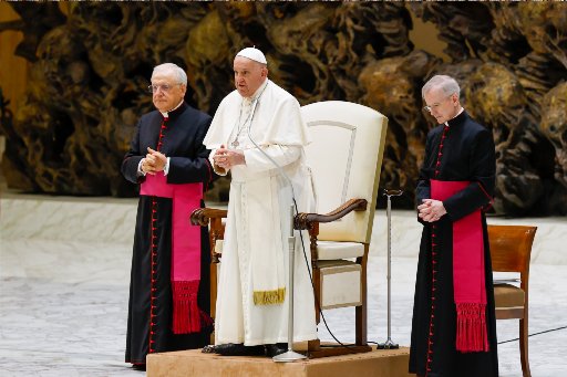 Pope Francis prays at general audience