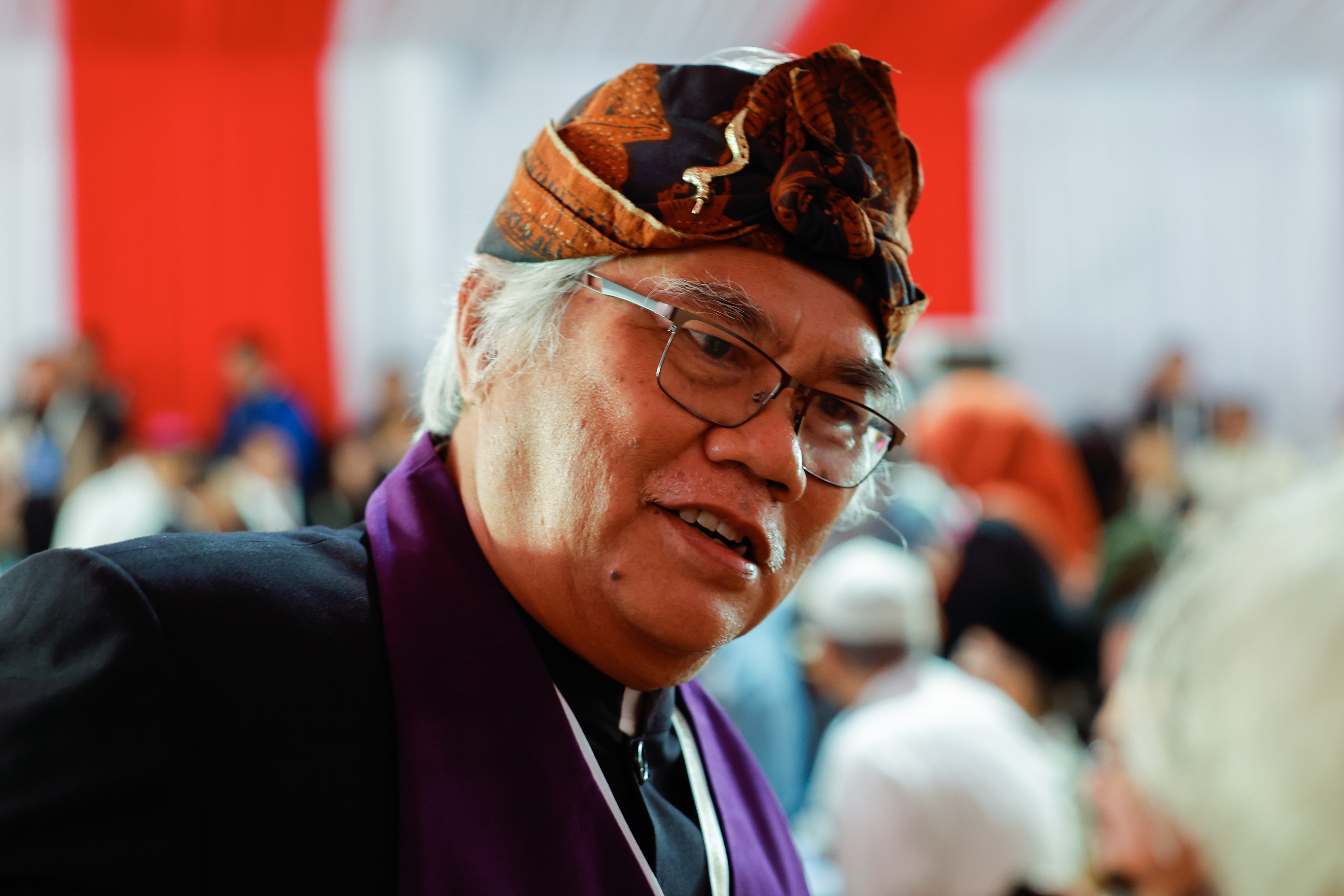 Engkus Ruswana, leader of an Indigenous religious group in Indonesia, gives an interview.