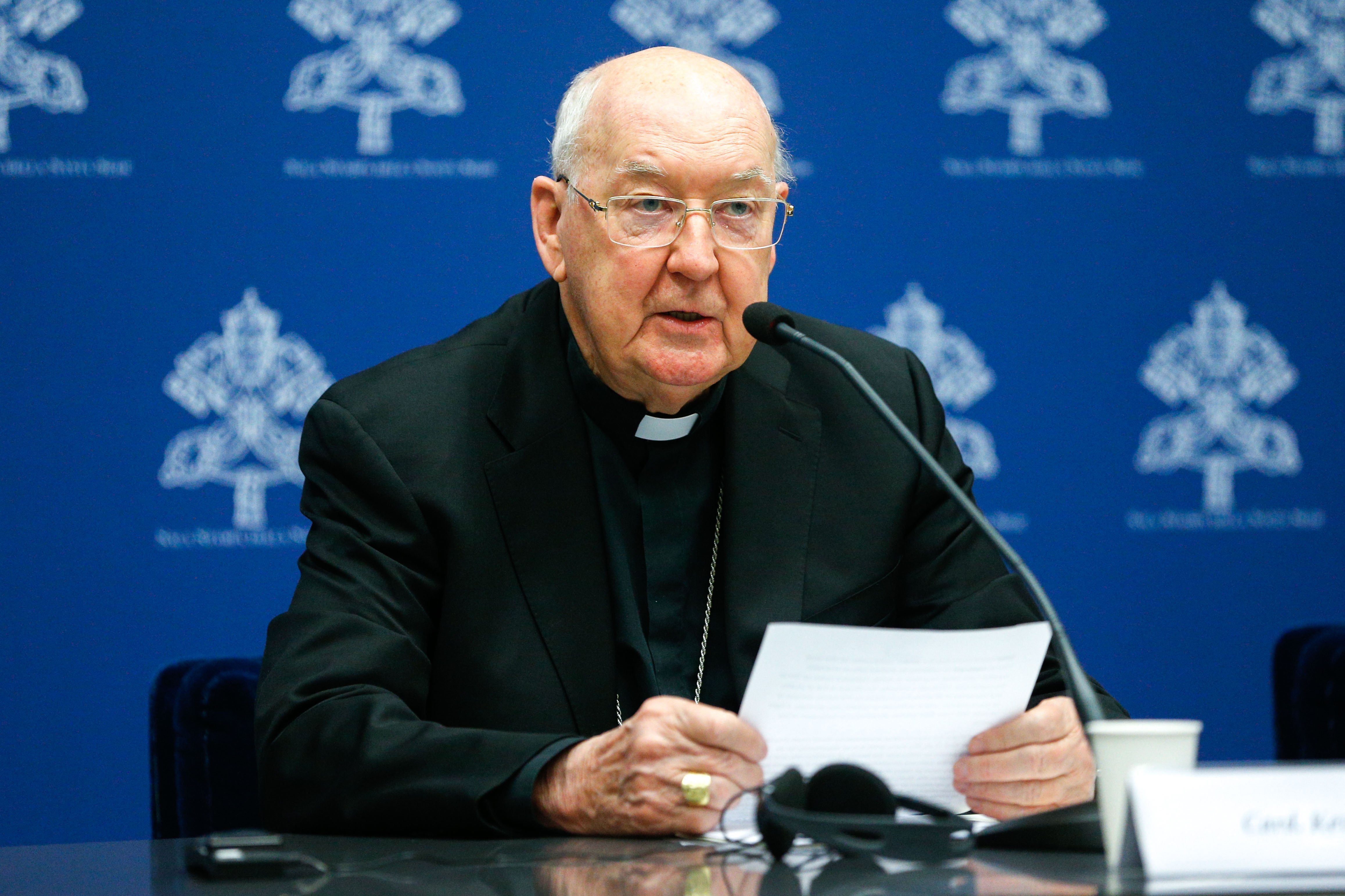 Cardinal Kevin J. Farrell, prefect of the Dicastery for Laity, the Family and Life, speaks during a news conference at the Vatican.