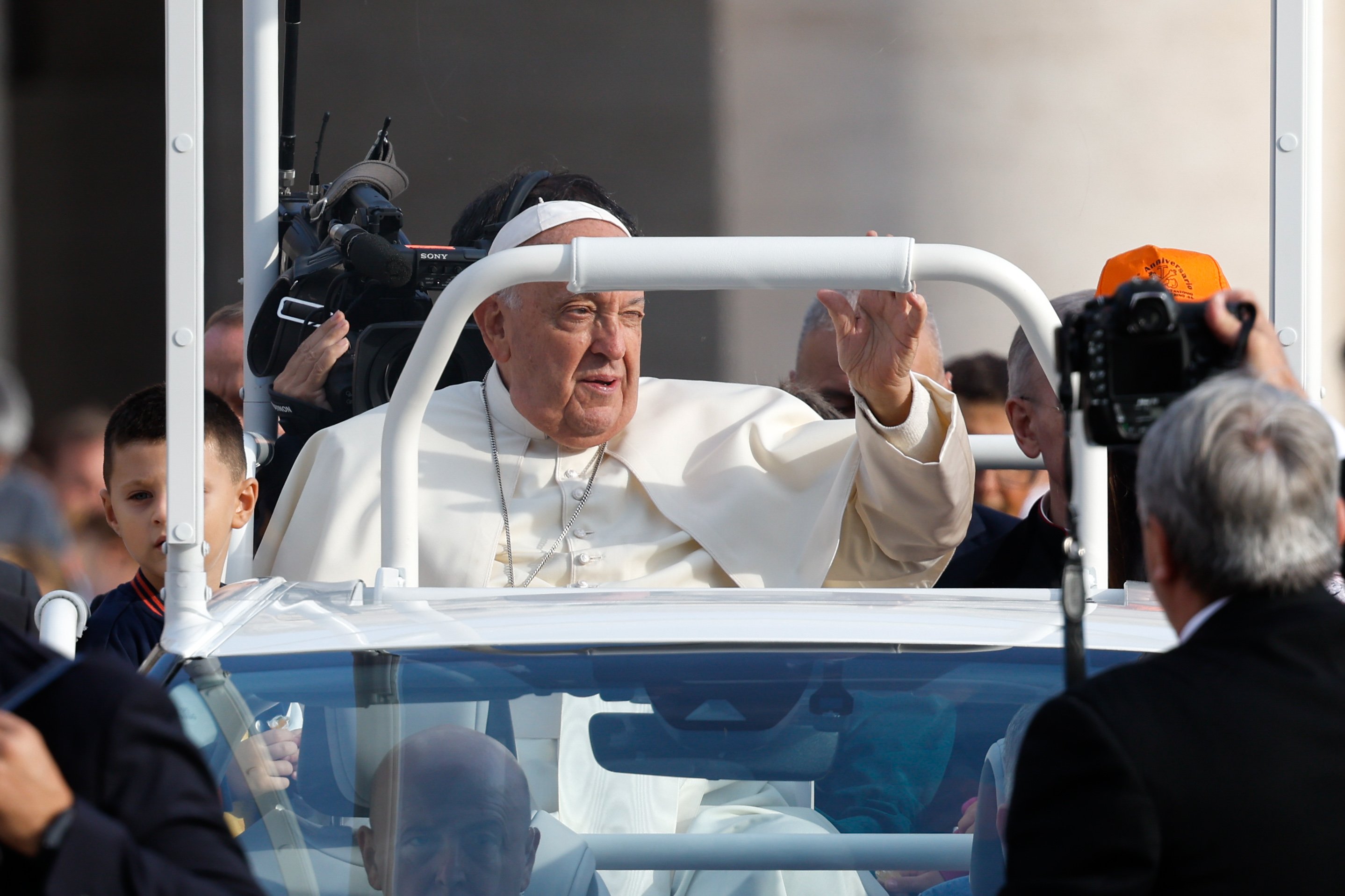 Pope Francis greets visitors. 