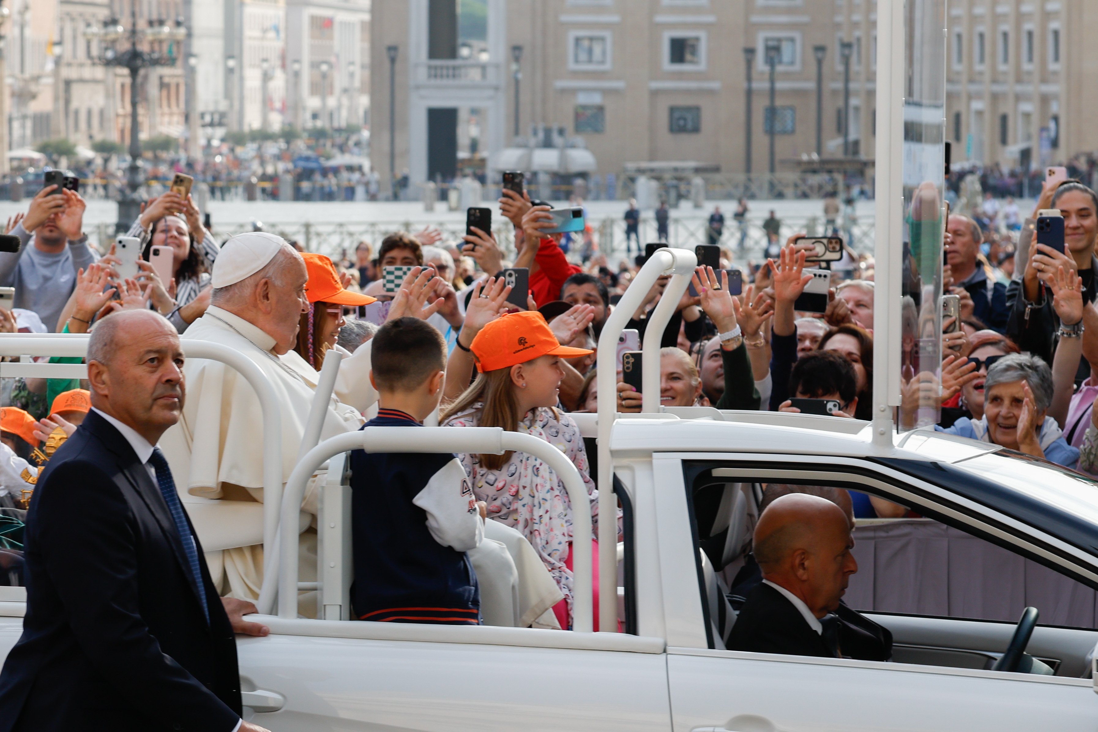 Pope Francis greets visitors. 