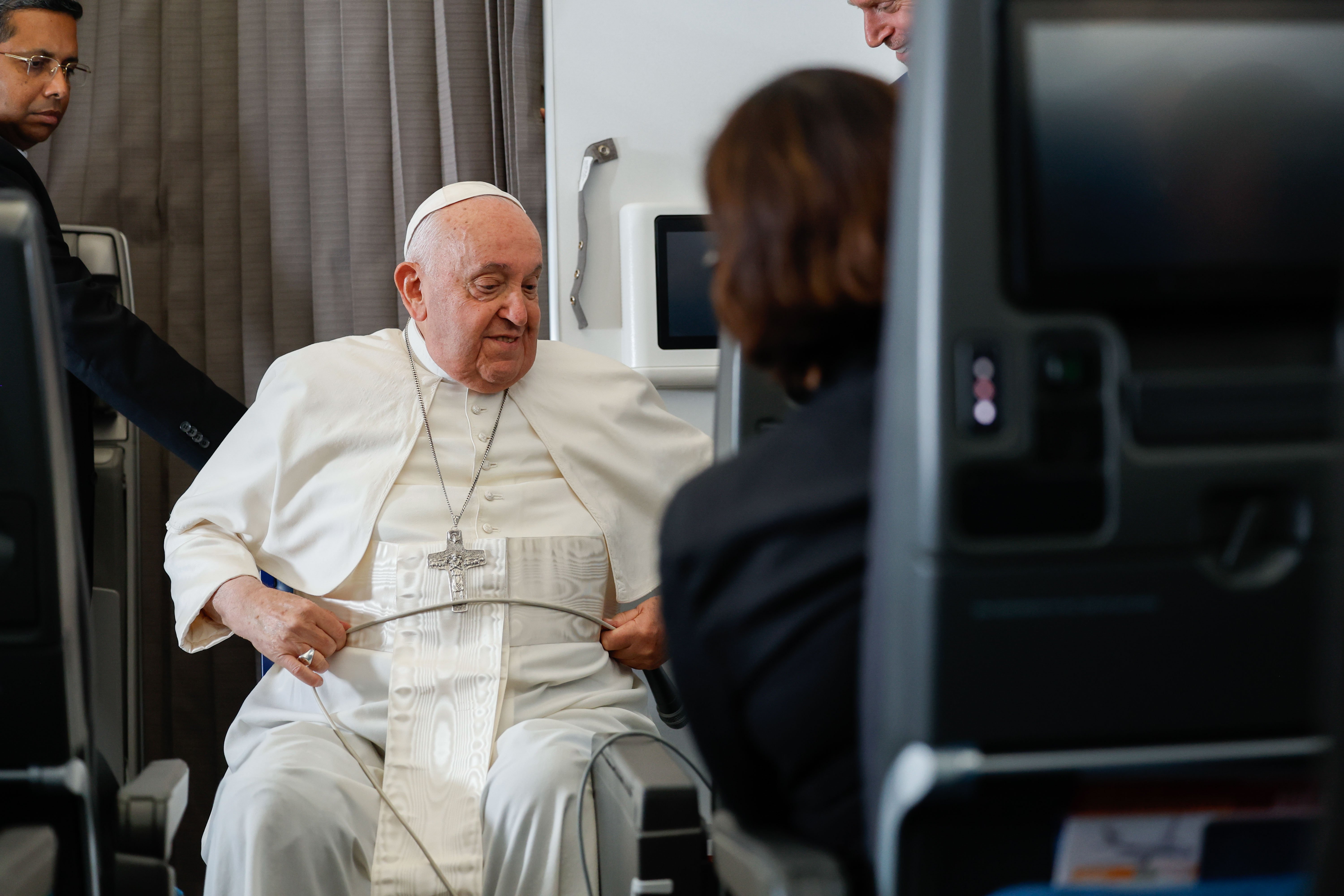 Pope Francis with journalists on his plane