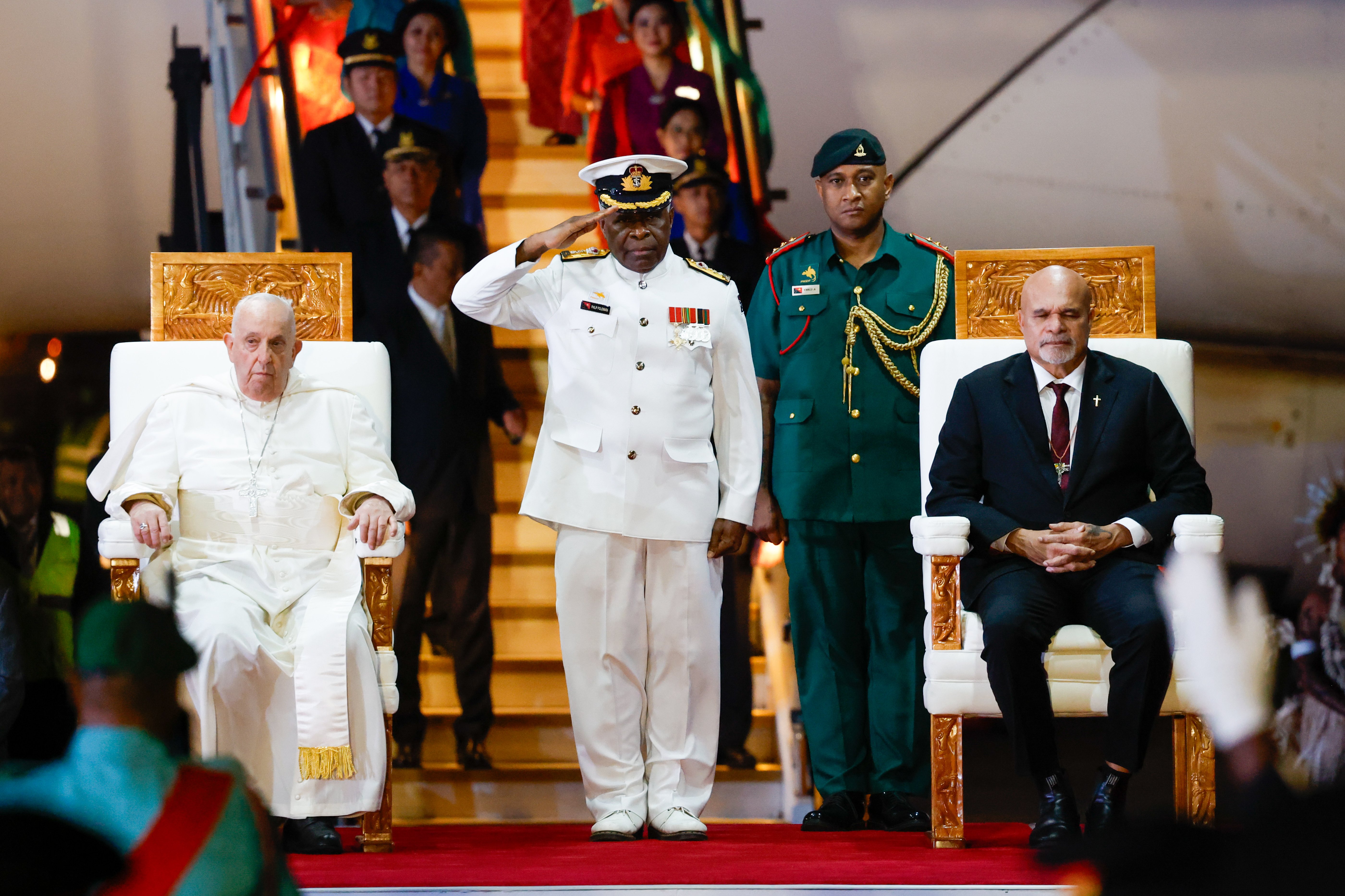 Pope Francis sits during a welcome ceremony in Papua New Guinea.