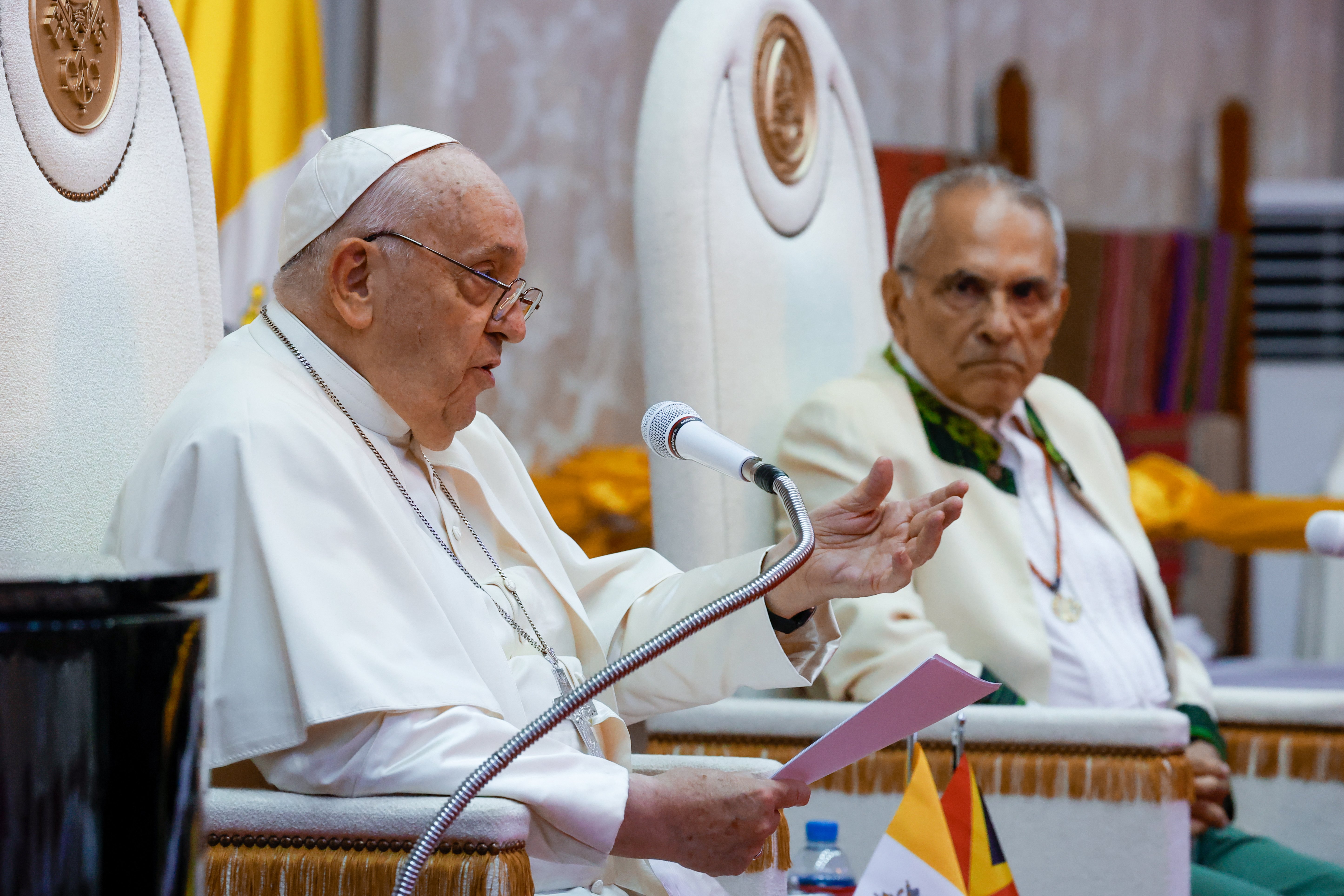 Pope Francis speaks during a meeting in Timor-Leste.