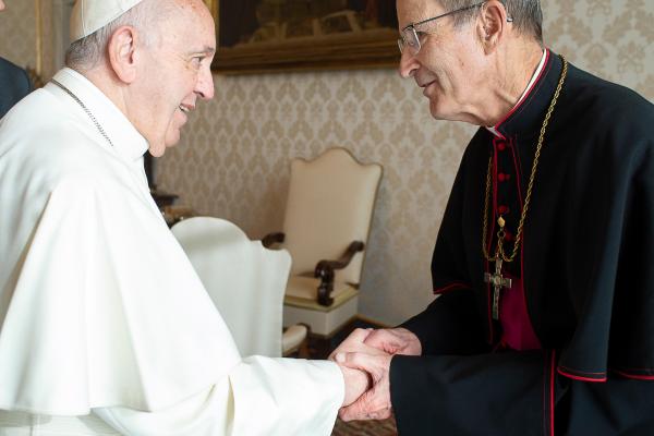 Bishop John LeVoir greets Pope Francis