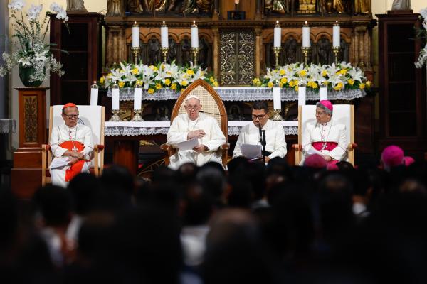 Pope Francis speaks at a meeting of churchworkers in Indoneisa.