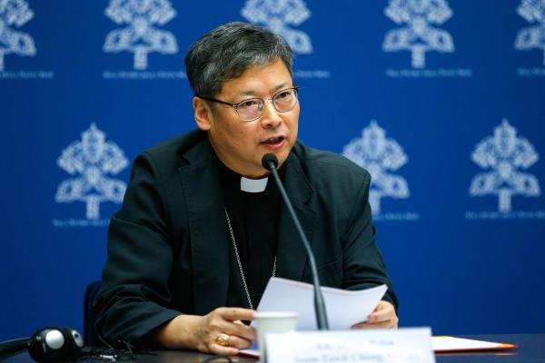 Archbishop Peter Chung Soon-Taick of Seoul, speaks during a news conference at the Vatican.