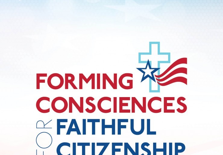 Faded American flag background with Forming Consciences for Faithful Citizenship cross logo and text overlay