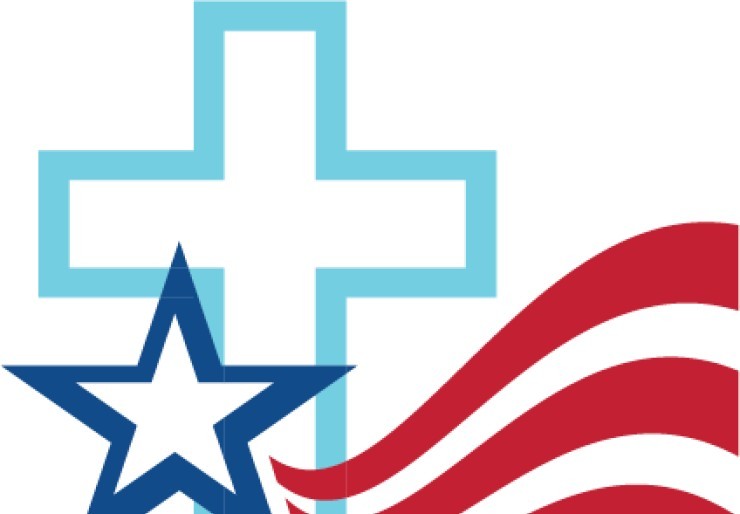 faithful citizenship simple logo blue star with red stream flowing to imitate a flag. Lighter blue cross is outlined in the background