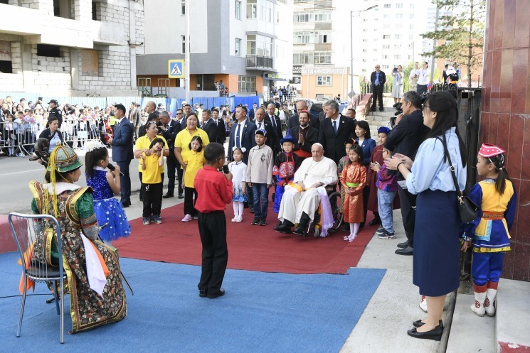Pope Francis arrives at the Apostolic Prefecture in Ulaanbaatar. 