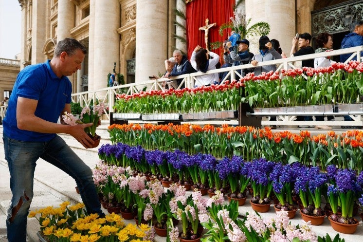 Arranging Easter flowers in St. Peter's Square