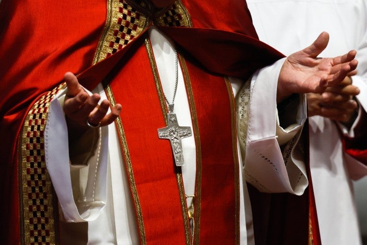 Pope Francis prays during Mass for the feast of Sts. Peter and Paul.